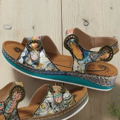 L'Artiste Offtrak Hand-Painted Leather Sandal with Low Heel and Adjustable Fit