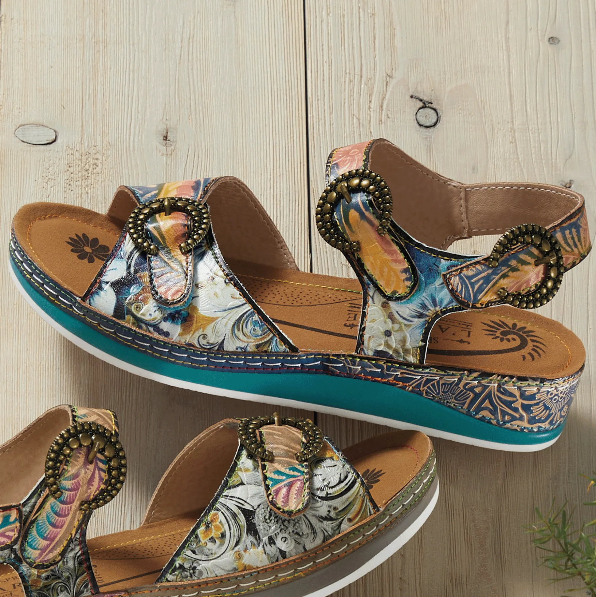 L'Artiste Offtrak Hand-Painted Leather Sandal with Low Heel and Adjustable Fit