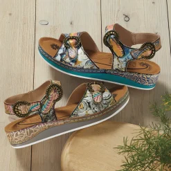 L'Artiste Offtrak Hand-Painted Leather Sandal with Low Heel and Adjustable Fit