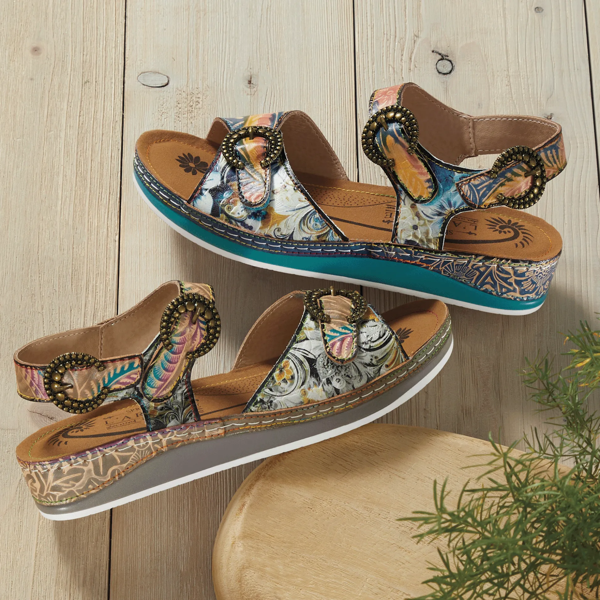 L'Artiste Offtrak Hand-Painted Leather Sandal with Low Heel and Adjustable Fit