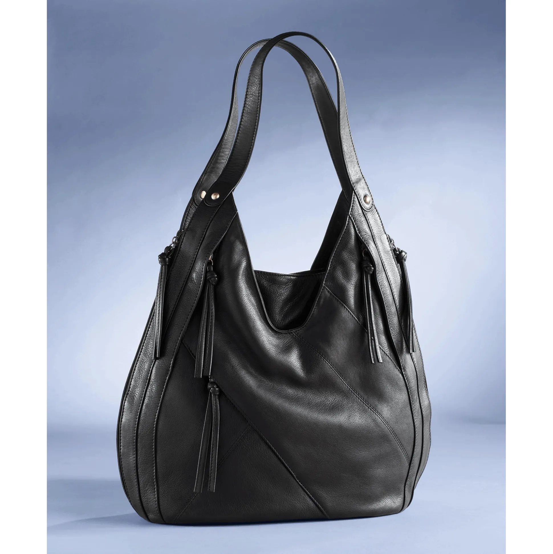 Leather Zippered Handbag Tote with Tassels