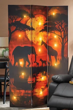 Lit African Safari Sunset Room Screen