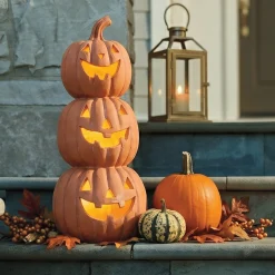 Lit Ceramic Jack-O-Lantern Stack
