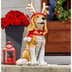 Lit Christmas Hound Dog Statue