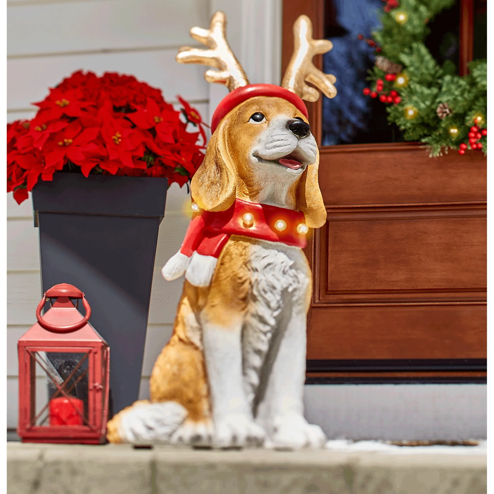 Lit Christmas Hound Dog Statue