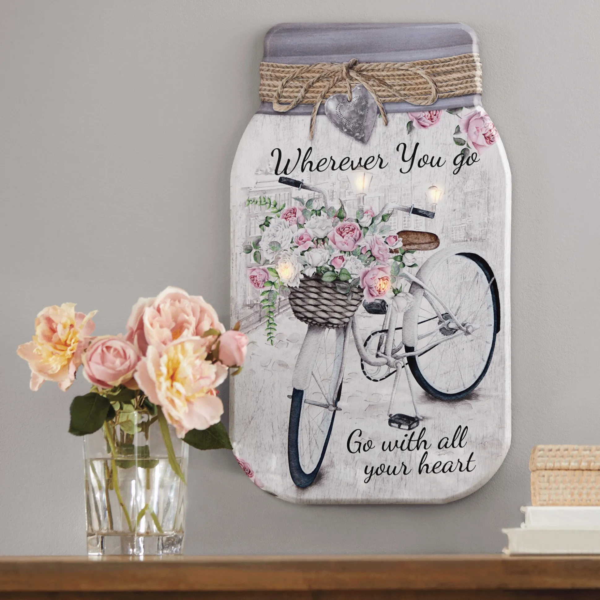 Lit Floral Bicycle Jar Art