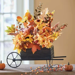 Lit Harvest Wheelbarrow Faux Floral Arrangement