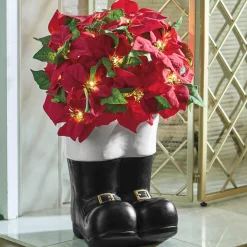 Lit Poinsettia in Santa Boots