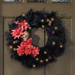 Lit Skull in Mums Wreath