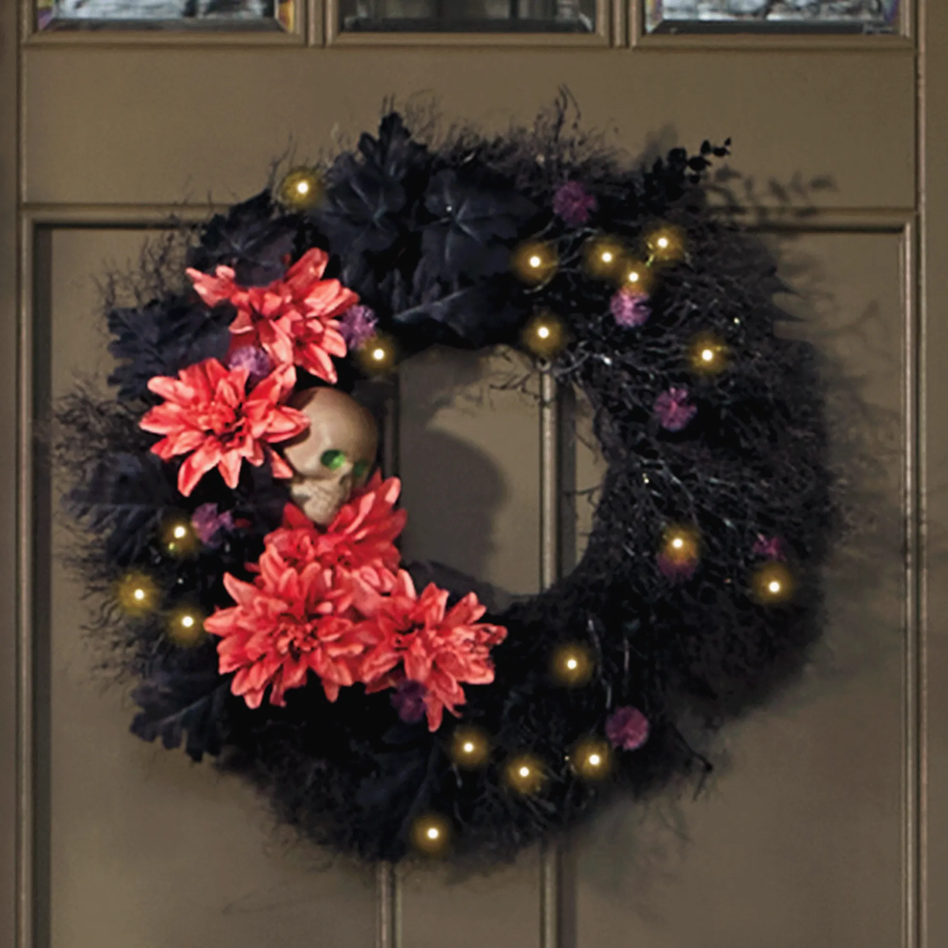 Lit Skull in Mums Wreath