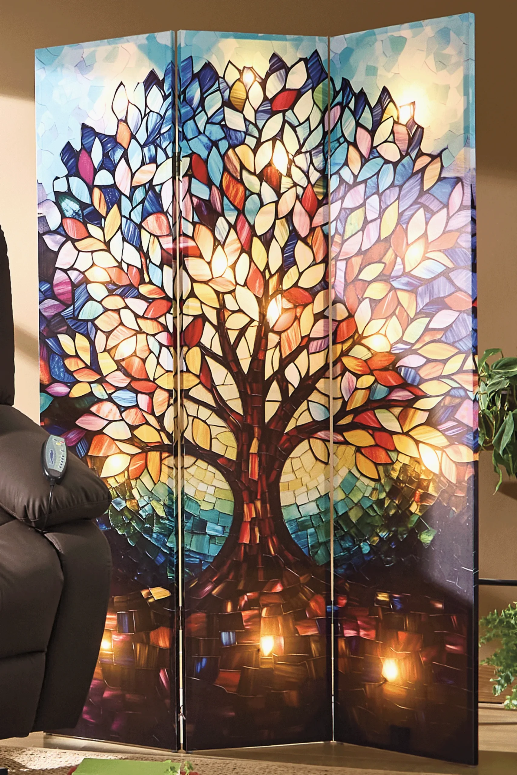 Lit Stained Glass Look Tree Room Screen