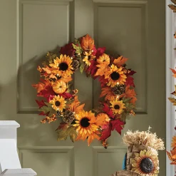 Lit Sunflower and Pumpkin Wreath