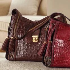 M.C. Handbags Kayden Croco Genuine Leather Satchel with Leopard Print Accents