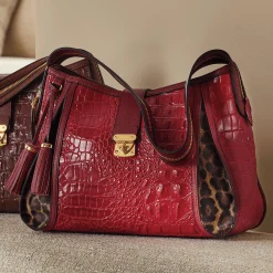 M.C. Handbags Kayden Croco Genuine Leather Satchel with Leopard Print Accents