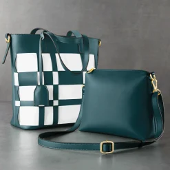 M.C. Handbags 2-Piece Woven Plaid Tote Set