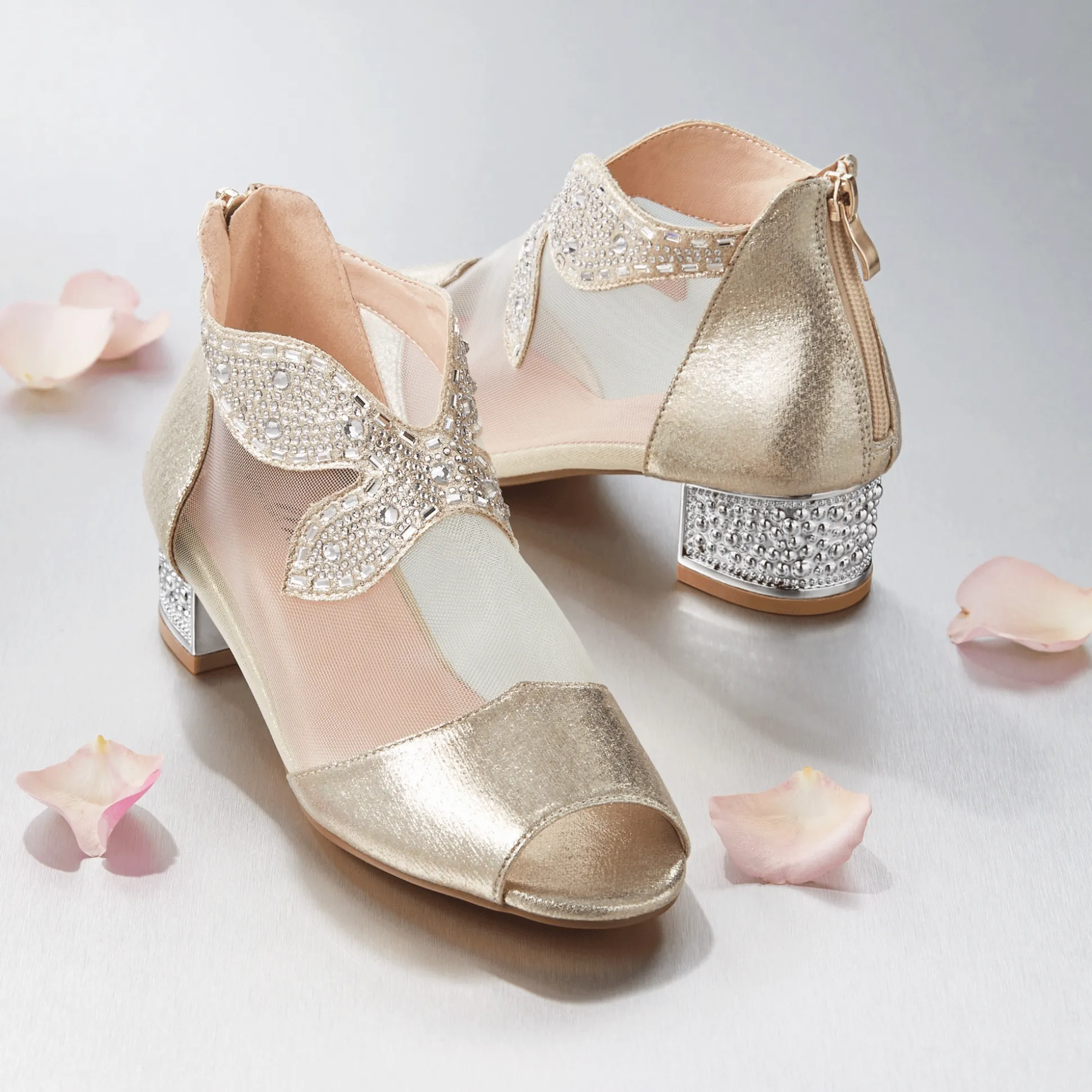 Mesh & Bling Women's Shootie with Silvery Accents, Beads & Sequins & 1.5” Heel