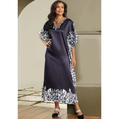 Mi Amor Long V-Neck Caftan with Floral Border