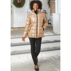 Mia Shiny Puffer Jacket with Faux-Fur Hood