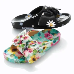 Muk Luks Luau Knotted Slide with Bow, Floral Pattern and Molded Footbed
