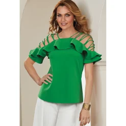 Nina Ruffled Top with Flutter Sleeves and Strappy Cold Shoulders