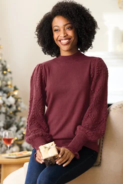 Nora Ribbed Women's Sweater with Pointelle Balloon Sleeves and Mockneck