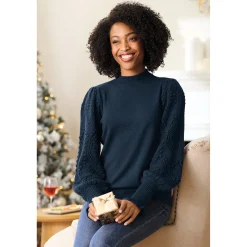 Nora Ribbed Women's Sweater with Pointelle Balloon Sleeves and Mockneck