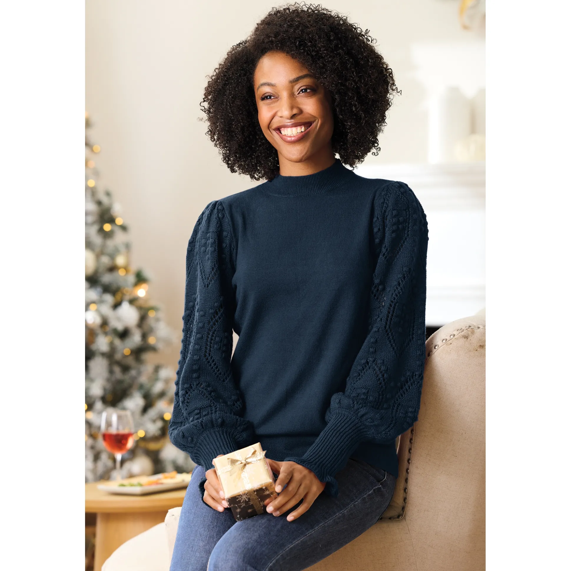Nora Ribbed Women's Sweater with Pointelle Balloon Sleeves and Mockneck