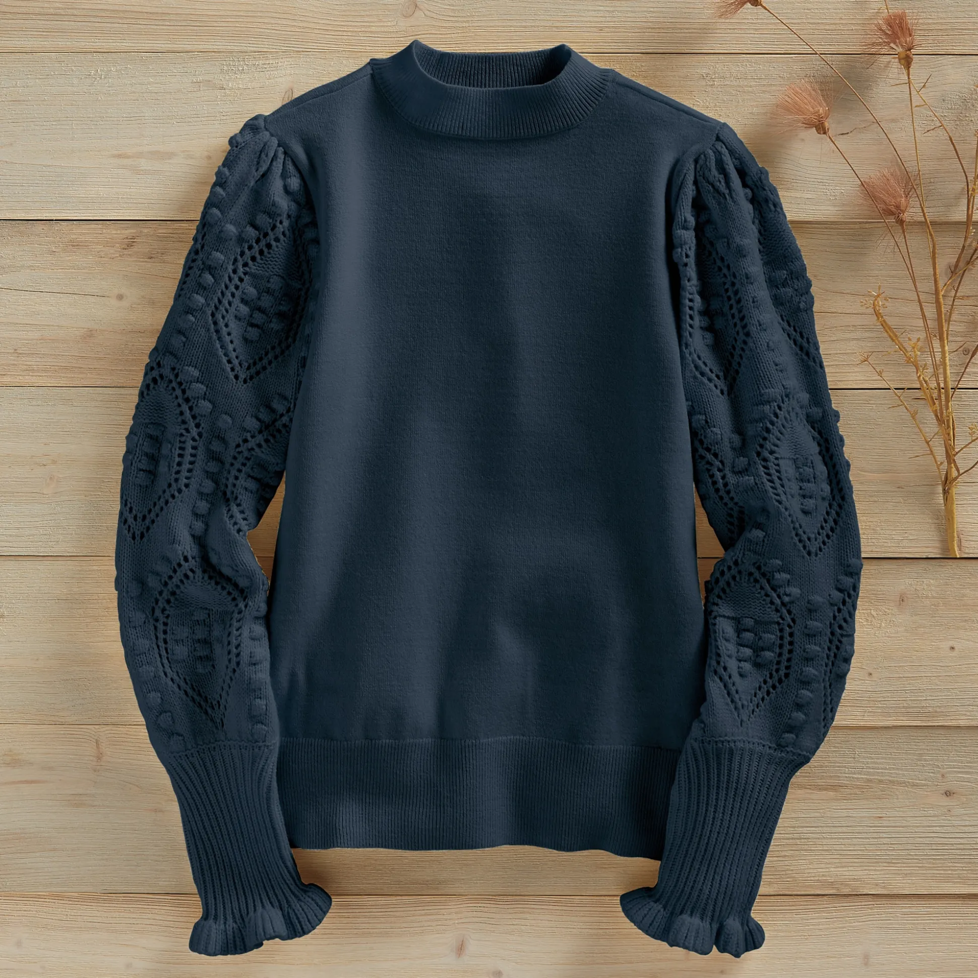 Nora Ribbed Women's Sweater with Pointelle Balloon Sleeves and Mockneck