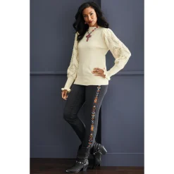 Nora Ribbed Women's Sweater with Pointelle Balloon Sleeves and Mockneck