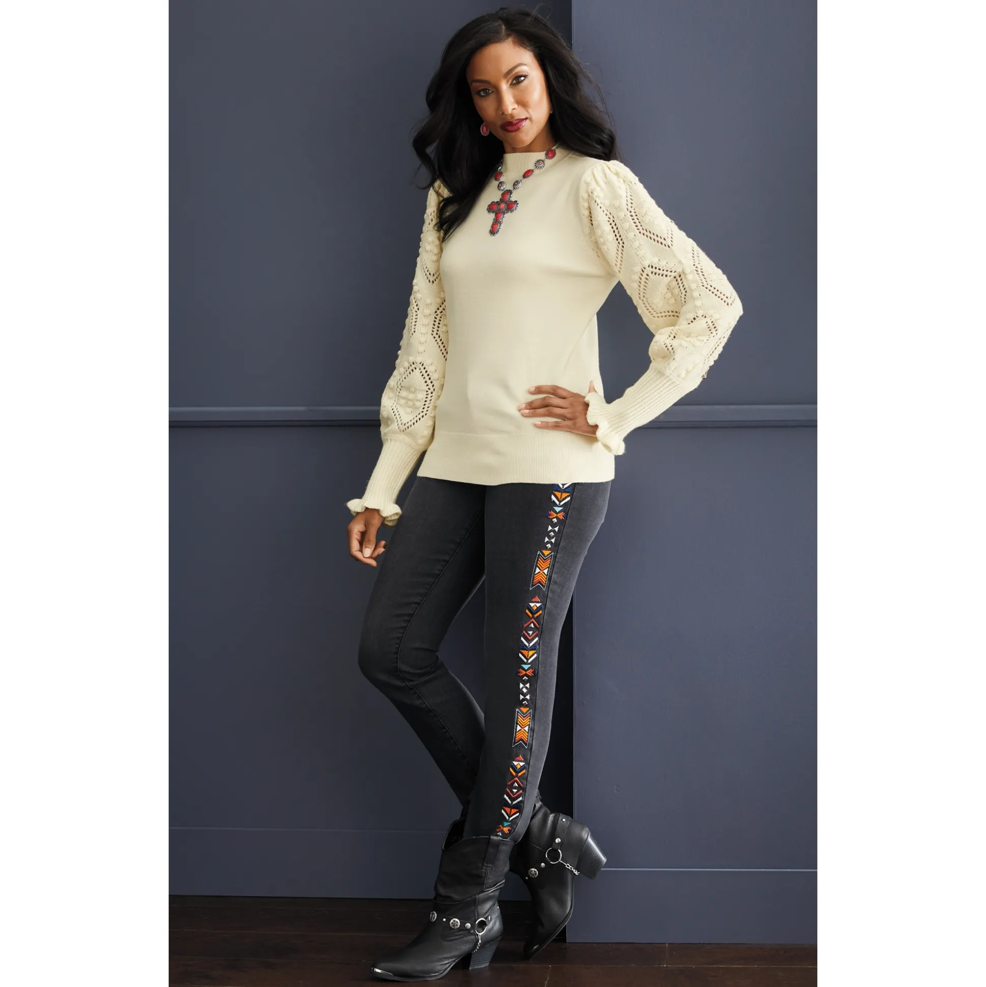 Nora Ribbed Women's Sweater with Pointelle Balloon Sleeves and Mockneck