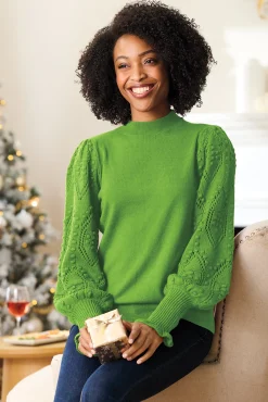 Nora Ribbed Women's Sweater with Pointelle Balloon Sleeves and Mockneck