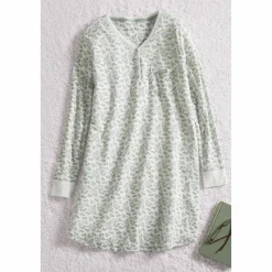 Organic-Cotton Knit Women’s Sleep Shirt with Long Sleeves, V-Neck and Pockets
