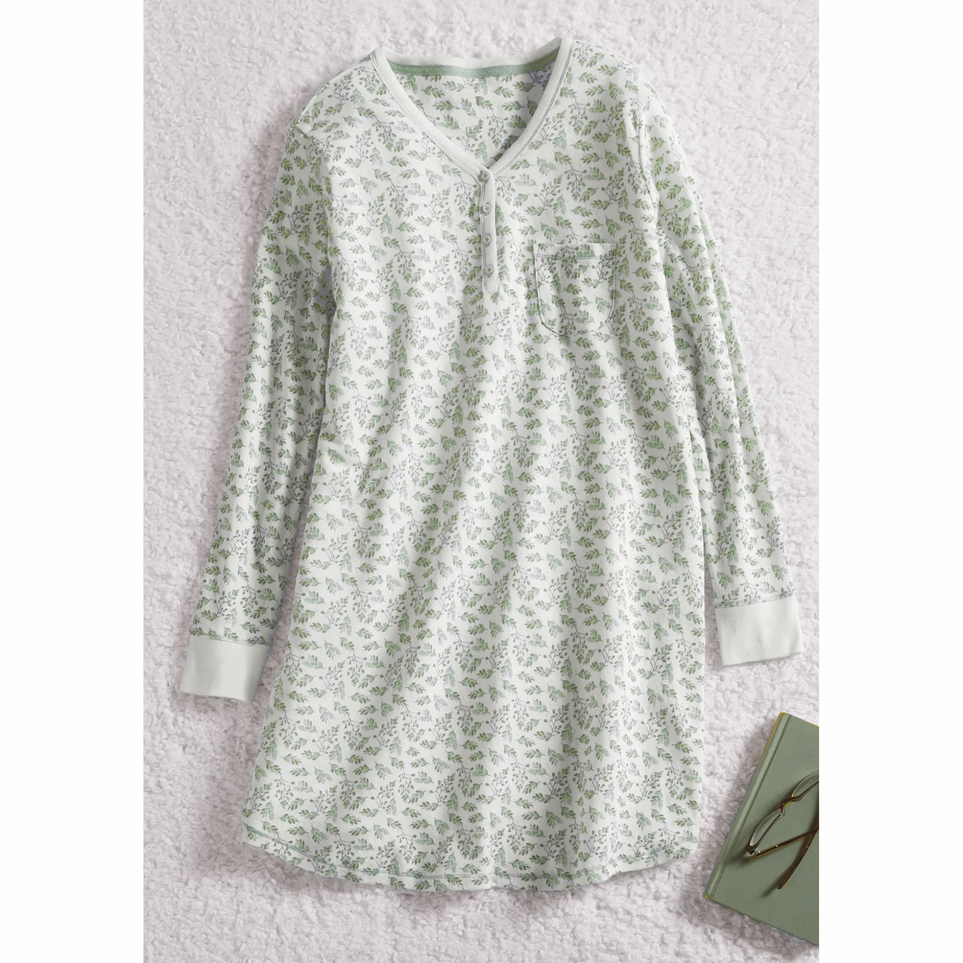 Organic-Cotton Knit Women’s Sleep Shirt with Long Sleeves, V-Neck and Pockets