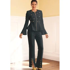 Oriana Grommet-Detail Pant Set with Zip-Front Jacket and Split-Ankle Flare Leg