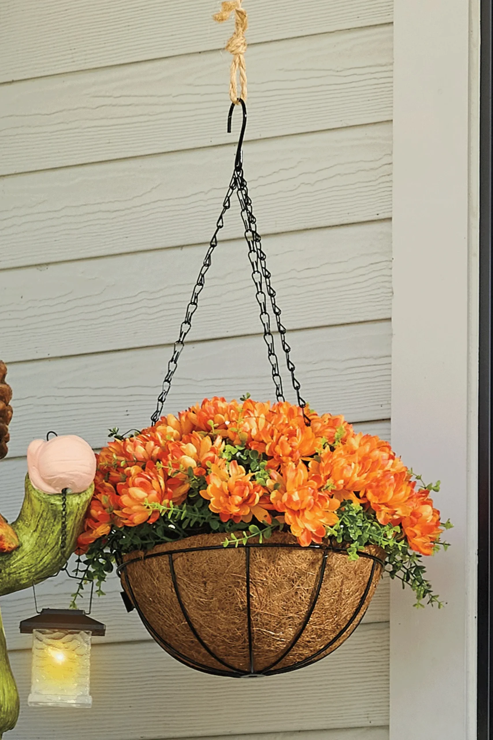 Outdoor Lit Faux Mums in Hanging Basket
