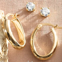 2-Pair Cubic Zirconia Stud & Oval Hoop Earring Set