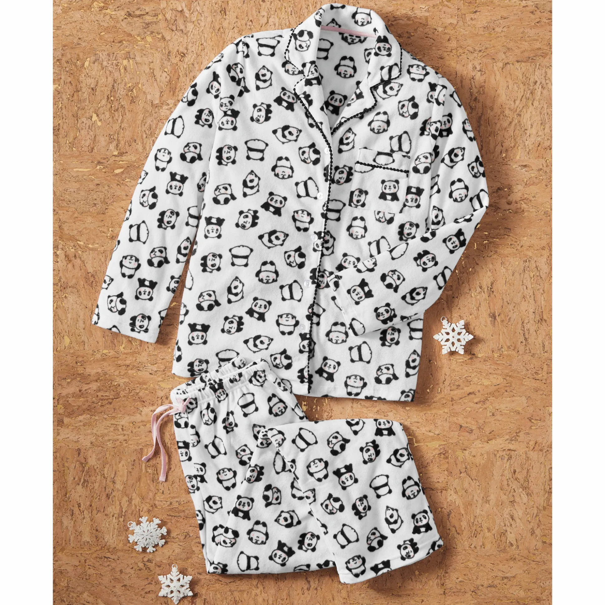 Panda Print Fleece PJ Set with Button-down Top and Pull-on Pant