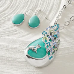 Peacock Faux-Stone/Crystal Necklace & Earring Set