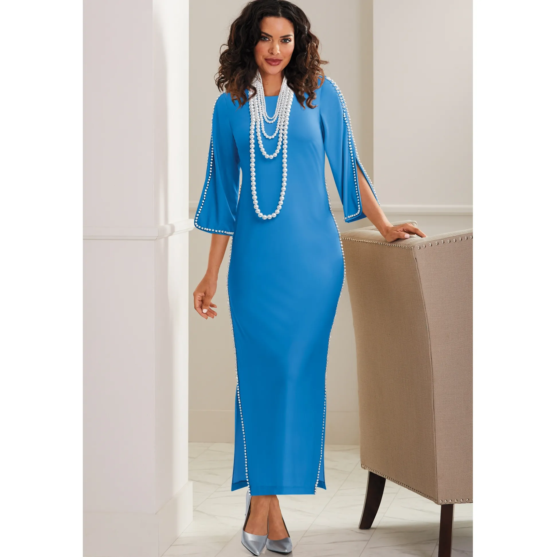 Pearl-Trim Maxi Dress