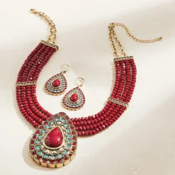 Pear/Multi-Crystal/Bead Necklace & Earrings Set