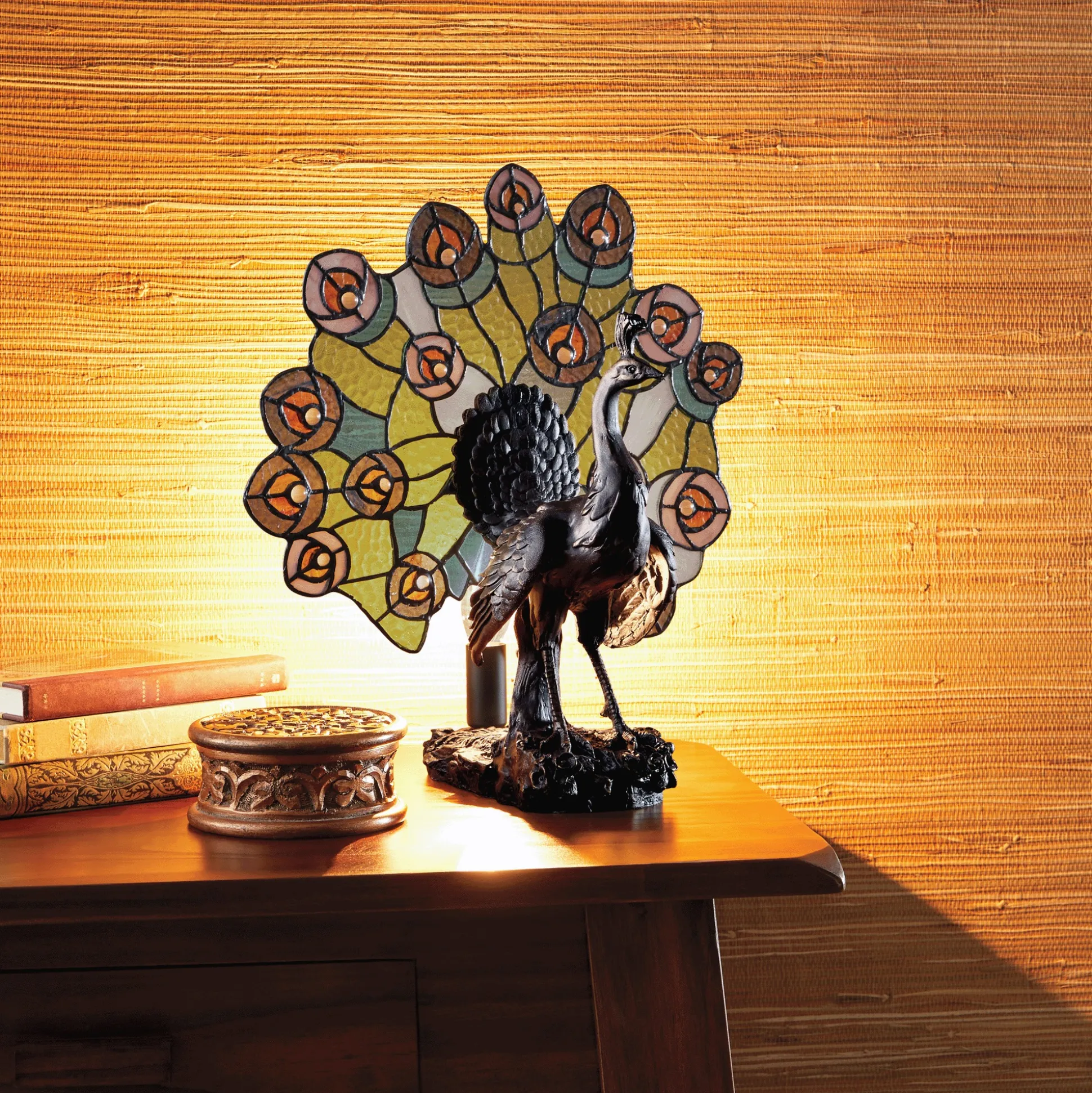 Penny Stained Glass Peacock Lamp