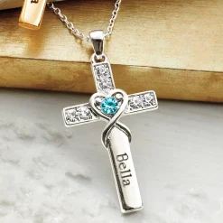 Personalized Birthstone Cross Necklace