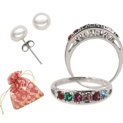 Personalized I Love You Family Birthstone Ring and Freshwater Pearl Earrings