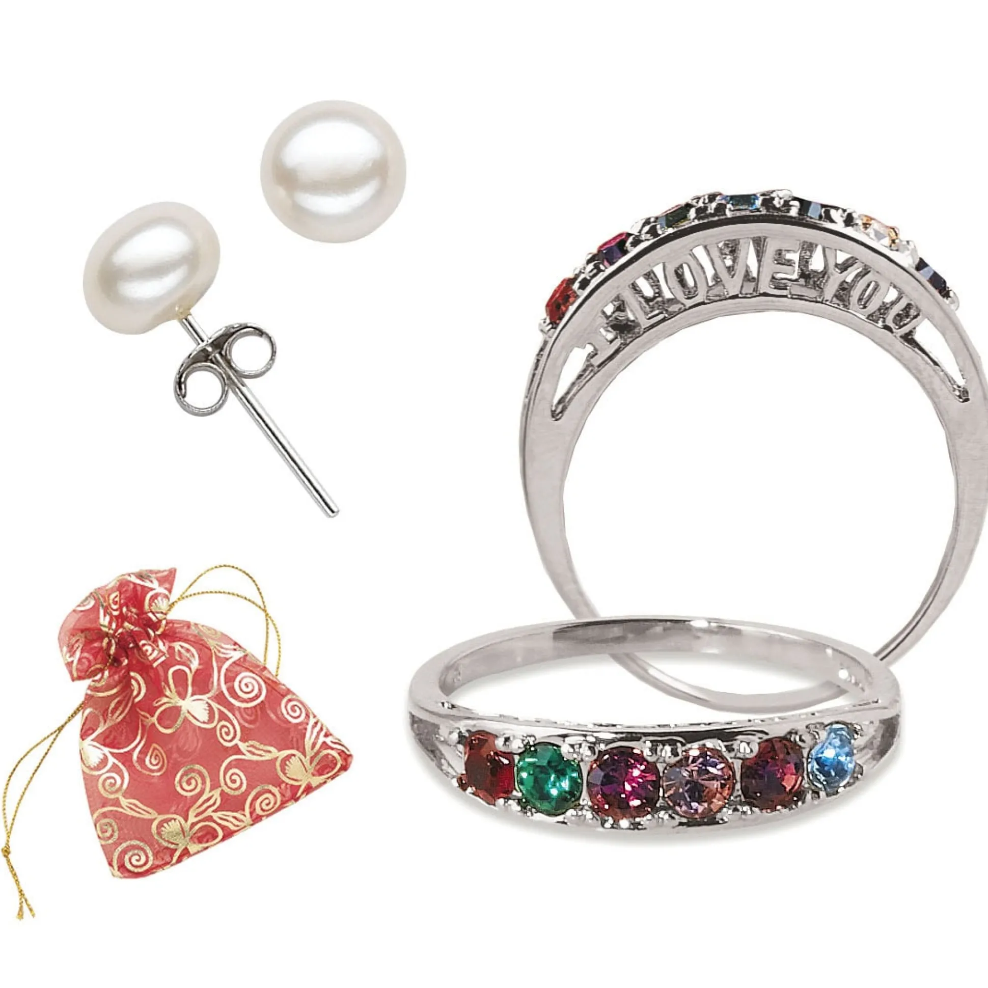 Personalized I Love You Family Birthstone Ring and Freshwater Pearl Earrings