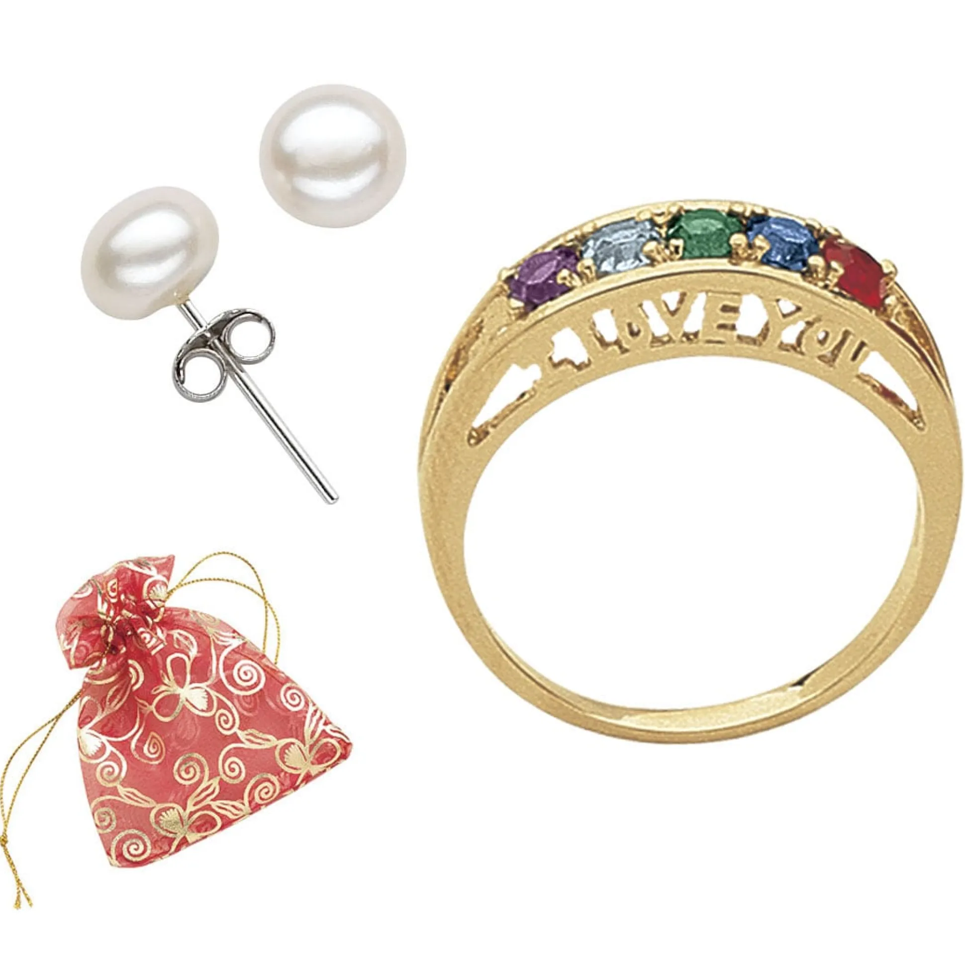 Personalized I Love You Family Birthstone Ring and Freshwater Pearl Earrings