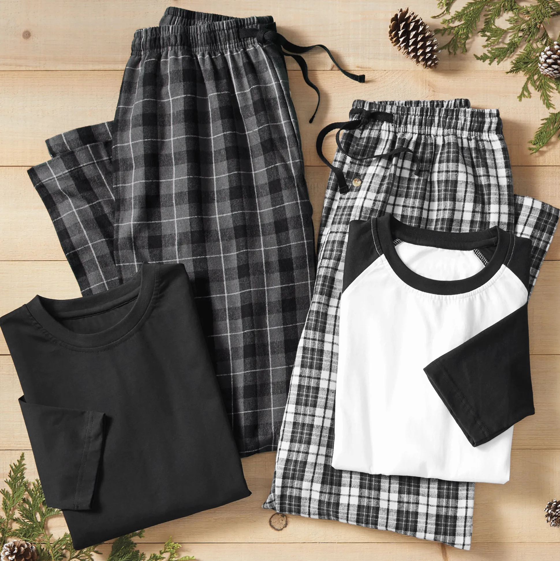 4-Piece Men's Gray/Black PJ Set with Cotton Knit Tops and Plaid Flannel Pants