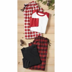 4-Piece Men's Red/Black Plaid PJ Set with Cotton Knit Tops and Flannel Pants
