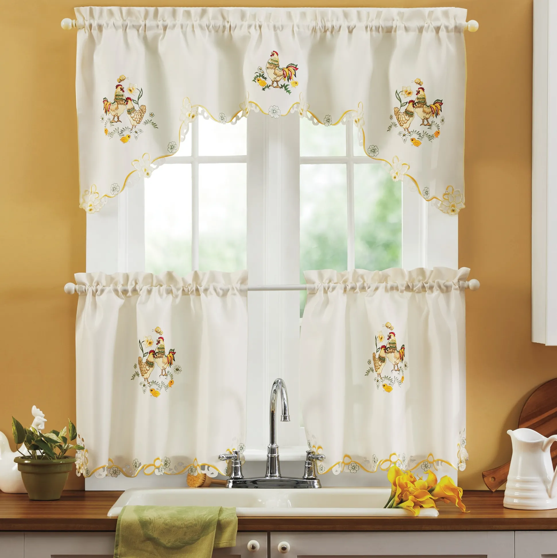 3-Piece Rooster Kitchen Curtain Set