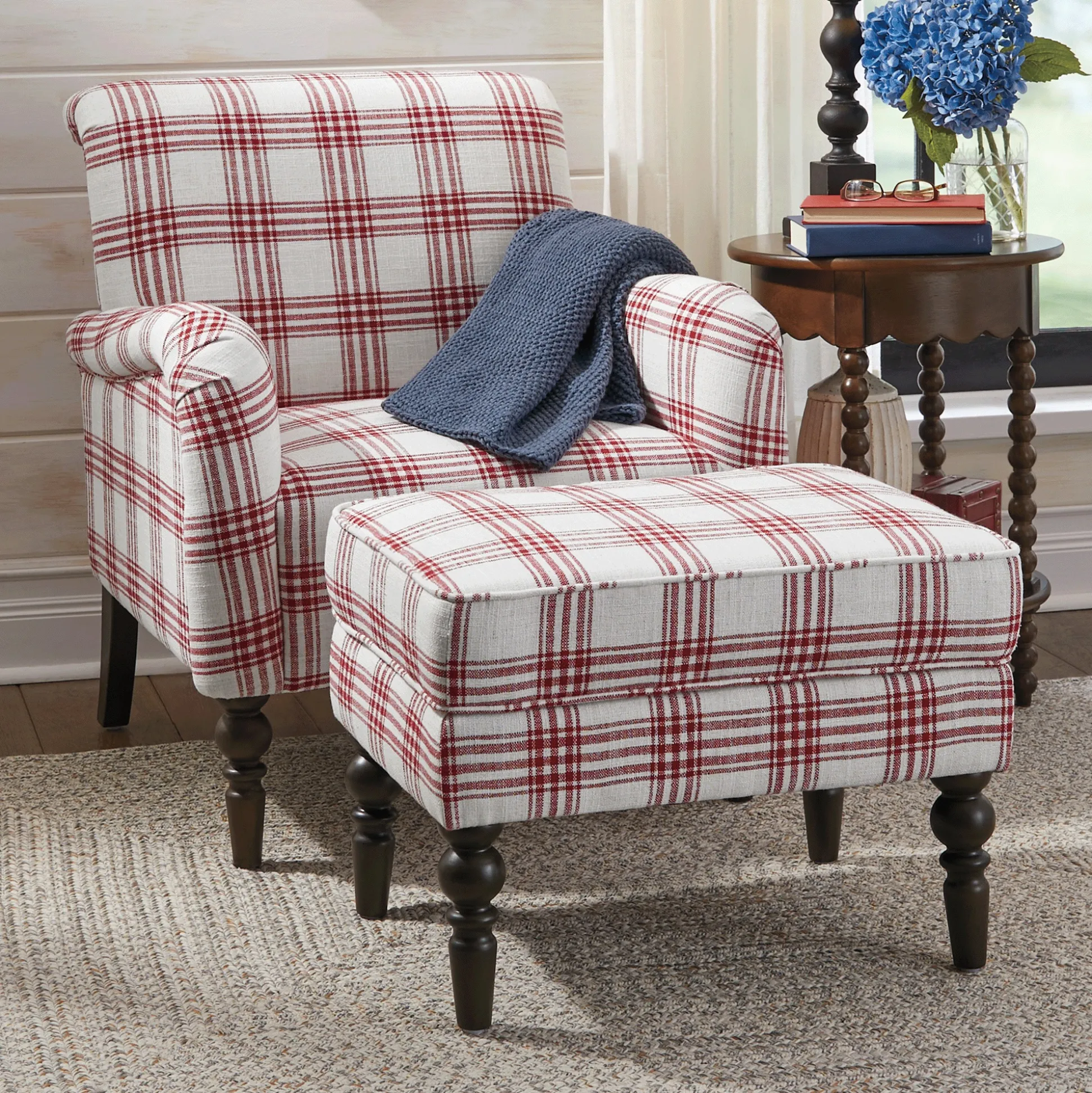 Plaid Armchair with Ottoman