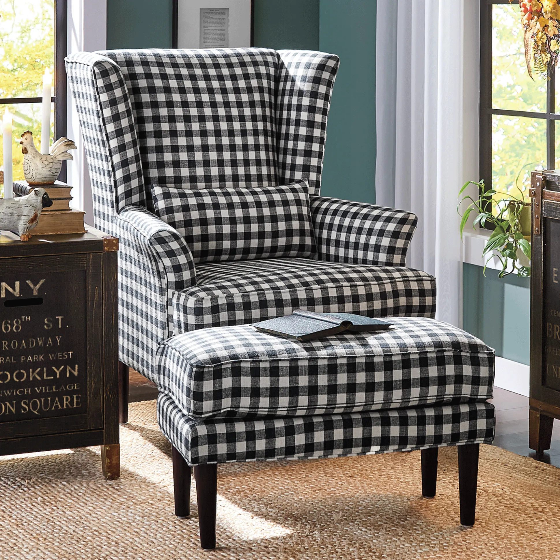 Plaid Chair with Ottoman